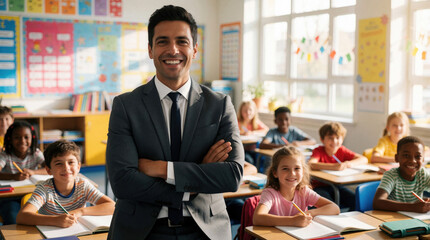 Fototapeta premium Teacher in suit smiles arms crossed before diverse students writing in classroom. Young learners study at desks with books and pencils, eager to absorb knowledge.