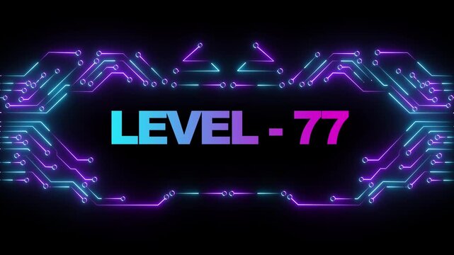 Level 77 neon cyberpunk gaming title screen with glowing circuit board animation