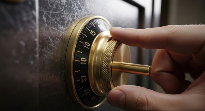 Cinematic close-up of a male hand turning a vintage golden brass combination lock dial on a scratched metallic steel vault door, precisely adjusting the numbers in dark moody atmospheric lighting,