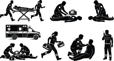 Obraz premium Black Silhouette Emergency Medical Responder Icons for CPR, Defibrillation, Patient Transport and Ambulance Care