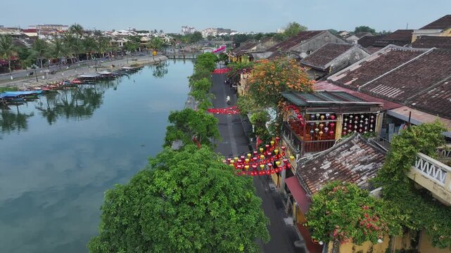 Aerial view of the ancient city of Hoi An and the Thu Bon River in Vietnam