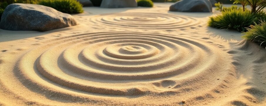 Raked sand, circular ripples, zen garden detail , tranquility, circles