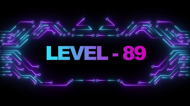 Level 89 neon gaming screen with glowing cyberpunk circuit board background