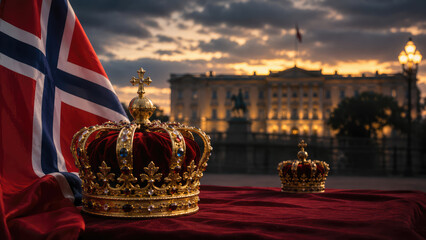 Norwegian Monarchy and Royal Palace with Crown and National Flag