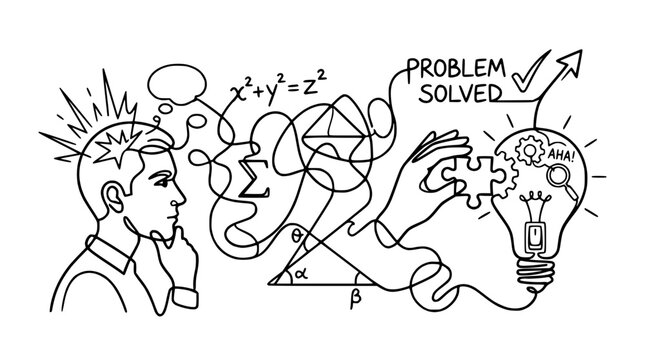 Problem Solved: Man's Eureka Moment, Idea Lightbulb, Math Equations, Puzzle Piece