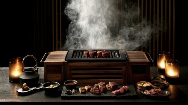 Elegant dining experience featuring sizzling meats on a traditional grill with aromatic smoke and beautifully arranged side dishes in a cozy atmosphere