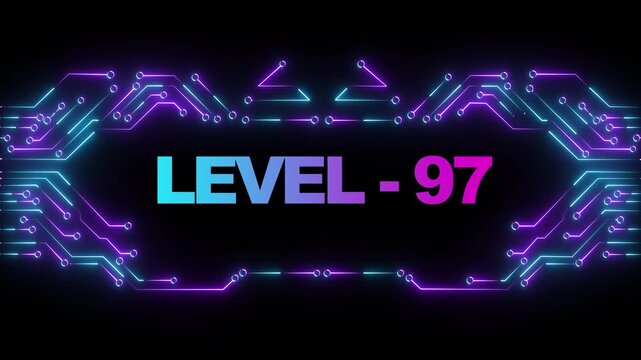Level 97 neon cyberpunk gaming title screen with glowing circuit board animation