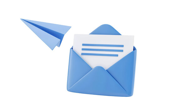 3d rendered blue envelope with a white paper document inside and a flying paper airplane isolated on a clean white background, for email
