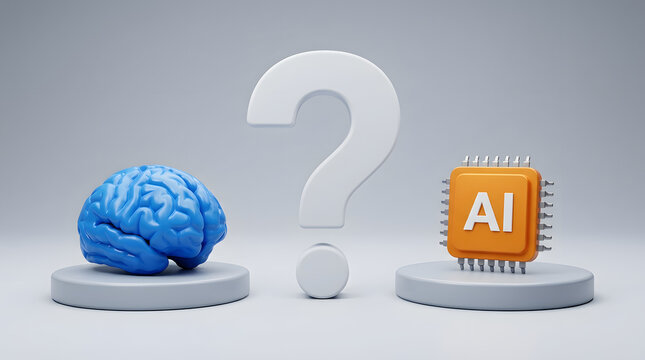D rendering of a blue human brain and an orange AI microchip with a large white question mark on a light gray background, each on circular pedestals featuring d, artificial intelligence featuring 3d