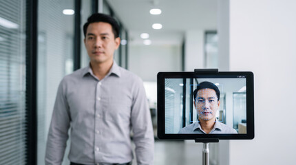 Fototapeta premium Biometric face scanner identity security office access technology. Futuristic digital facial recognition system. identification verification id access, security protection