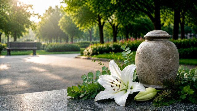 Stone cremation urn with white lily on memorial in cemetery park. Funeral tribute and grief concept with mourning remembrance. Loss and farewell ceremony theme for burial service