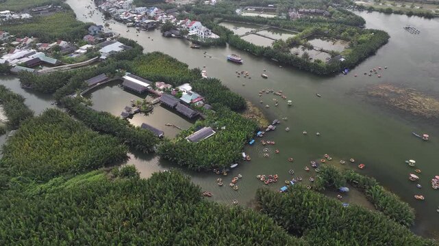 Aerial view of the natural scenery of basket boats on the Thu Bon River in Hoi An Ancient Town, Vietnam