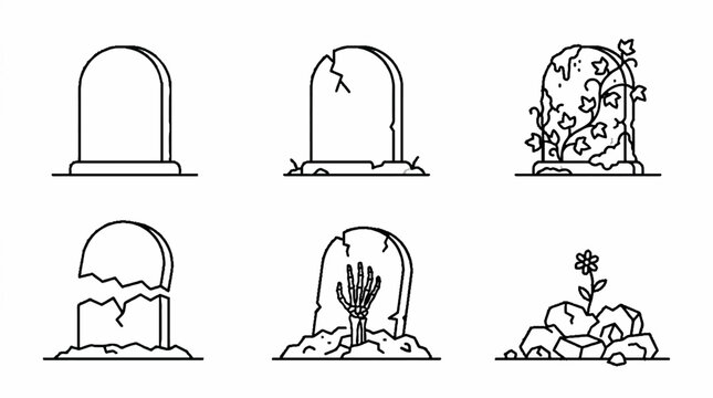 Collection of six hand drawn gravestone and tombstone illustrations in outline style.