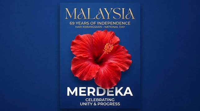 Malaysia Merdeka poster featuring the national hibiscus flower, celebrating independence, national identity