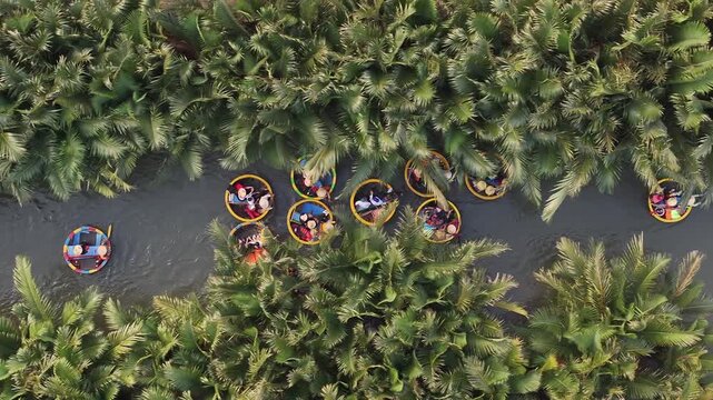 Aerial view of the natural scenery of basket boats on the Thu Bon River in Hoi An Ancient Town, Vietnam