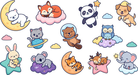 Fototapeta premium Cute Kawaii Baby Animals Sleeping on Moon and Stars Vector Set with Panda Fox Elephant and Koala Illustrations for Nursery Wall Art and Bedtime Stickers