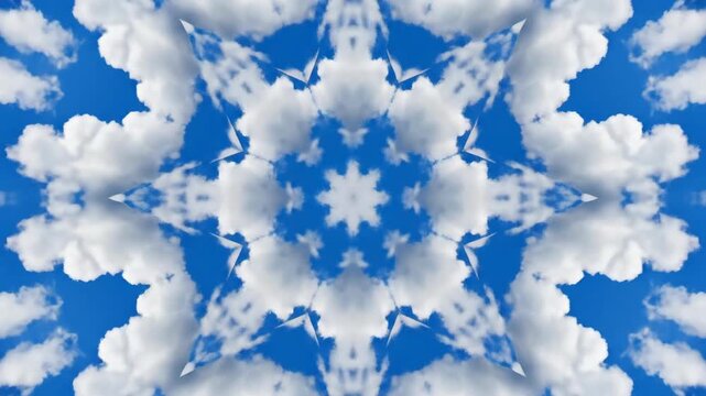 Abstract kaleidoscope pattern featuring clouds in a symmetrical blue sky