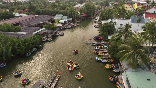 Aerial view of the natural scenery of basket boats on the Thu Bon River in Hoi An Ancient Town, Vietnam
