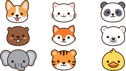 Fototapeta premium Cute Kawaii Baby Animal Face Icon Vector Set with Dog Cat Panda Beaver Fox Bear Elephant Tiger and Duck Head Illustrations for Kids Stickers