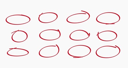 Hand drawn red line brush oval set.hand draw line brush pencil oval red Color doodle marker chalk pen . round circle underline frame check sign bubble texture background vector illustration. © 112211 studio 