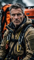 Fototapeta premium Experienced mountain rescuer in full gear, weathered face, serious gaze. He prepares for expedition, carries large orange backpack. Rugged adventure awaits him.