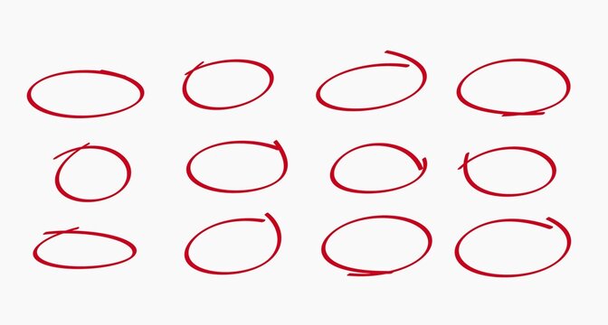 Hand drawn red line brush oval set.hand draw line brush pencil oval red Color doodle marker chalk pen . round circle underline frame check sign bubble texture background vector illustration.