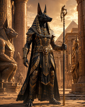 Anubis Egyptian God Warrior in Ancient Temple with Pyramid