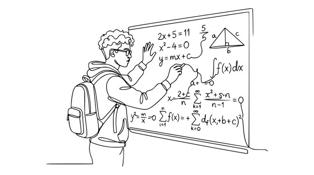 Student solving complex math equations on whiteboard, line art, isolated