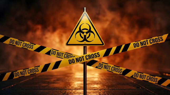 Biohazard warning sign with black symbol on yellow triangular background, surrounded by yellow and black do not cross tape, set against a fiery, smoky backdrop featuring danger, caution and barrier