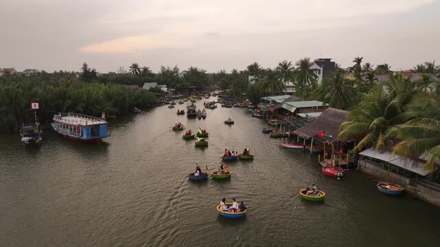 Aerial view of the natural scenery of basket boats on the Thu Bon River in Hoi An Ancient Town, Vietnam