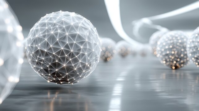 Abstract 3D glowing digital sphere network with polygonal wireframe nodes for AI deep learning technology background