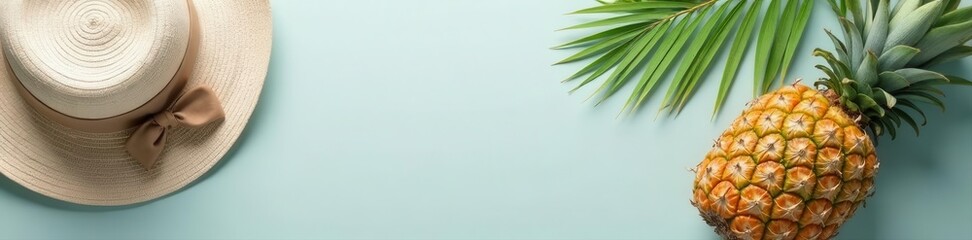 Fototapeta premium Tropical summer flat lay Pastel gray background, palm leaves, hat, coconut, pineapple , photography, nature
