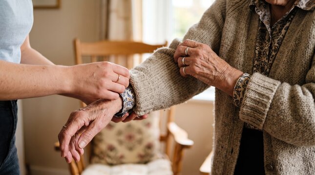 Caregiver helping senior woman put on sweater in nursing home or assisted living facility, elderly care, compassion, support, assistance, daily living activities, aging population