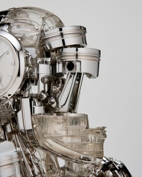 Abstract human face made of interlocking polished chrome engine valves and translucent fluids with white space on the right for clean copy.