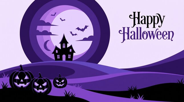 Spooky halloween landscape with moon face silhouette haunted house and jackolanterns