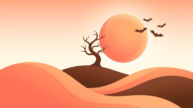 Minimalist landscape with lone tree and large orange sun in a warm palette