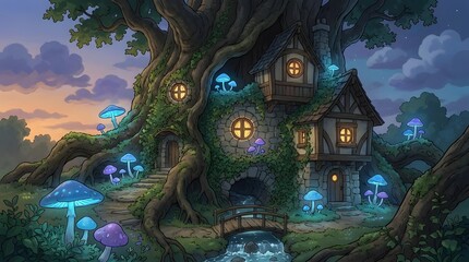 Fototapeta premium Enchanted treehouse home with glowing mushrooms at night.