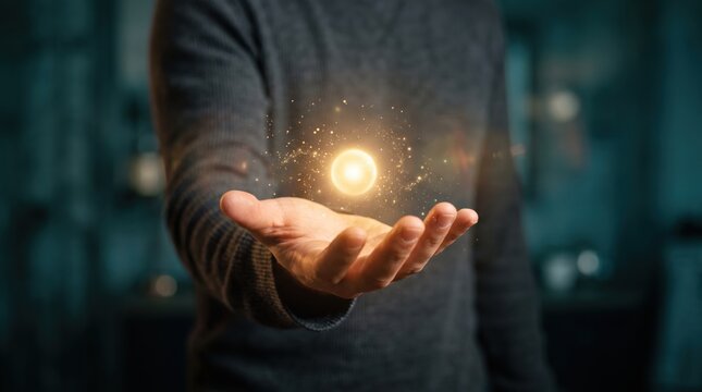 of a male hand holding a glowing orb of golden light and energy particles, symbolizing innovation, new ideas, creativity, magic power, or future technology solution