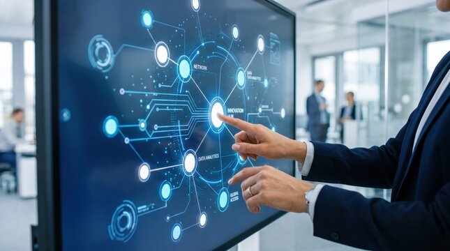 view of businessman hand touching interactive touchscreen display showing complex network diagram with interconnected nodes labeled innovation hub, data analytics, global access