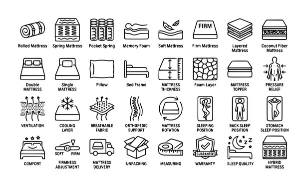 Modern Black Mattress Types Thin Line Icon Pack Memory Foam Spring Vector
