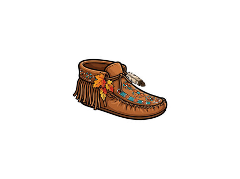 Cartoon illustration of a single brown fringed suede moccasin shoe adorned with colorful beads, an autumn leaf charm, and a feather, isolated on a white background