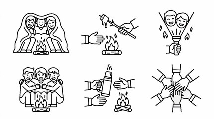 Fototapeta premium A collection of line art icons depicting people enjoying various camping and outdoor activities around a campfire.