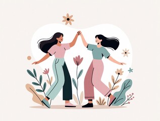 Naklejka premium Two young women give high five among flowers and plants. Happy sisters or friends celebrate together sharing joy and positive emotion. Friendship bond and female empowerment.