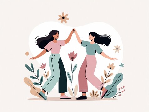 Two young women give high five among flowers and plants. Happy sisters or friends celebrate together sharing joy and positive emotion. Friendship bond and female empowerment.
