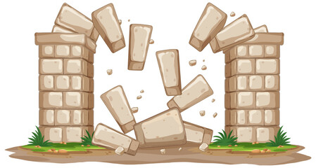 Fototapeta premium Vector Illustration of a Crumbling Stone Archway and Falling Bricks