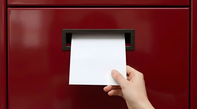 A hand inserts a blank white sheet of paper into the slot of a glossy red mailbox with a black frame, against a smooth, reflective red surface featuring post box, letter slot