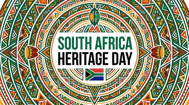 South africa heritage day celebration background with traditional tribal patterns, zulu shield, and south african flag, vibrant cultural design for national holiday