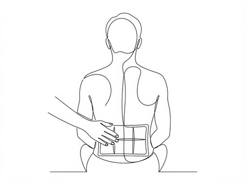 Medical illustration of a person wearing a lumbar back support belt with monochrome recovery treatment