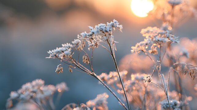 Delicate frost-covered winter branch glowing in warm sunrise light with soft snowy bokeh, peaceful seasonal nature background symbolizing cold weather, beauty, calm and winter morning atmosphere