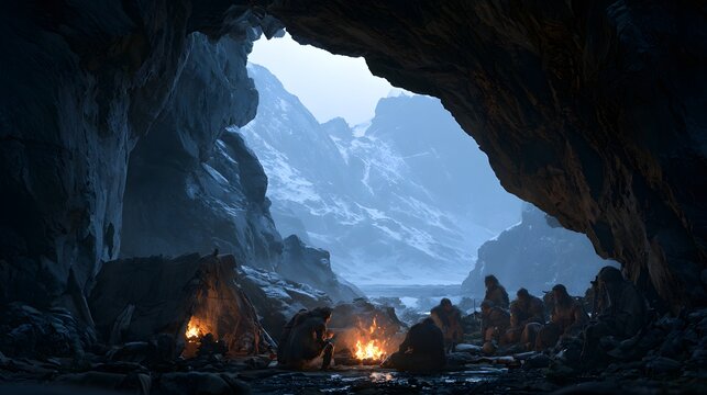 Prehistoric cave shelter with small campfires overlooking snowy mountain landscape at dawn, ancient human survival scene depicting early civilization, wilderness refuge, archaeology and history